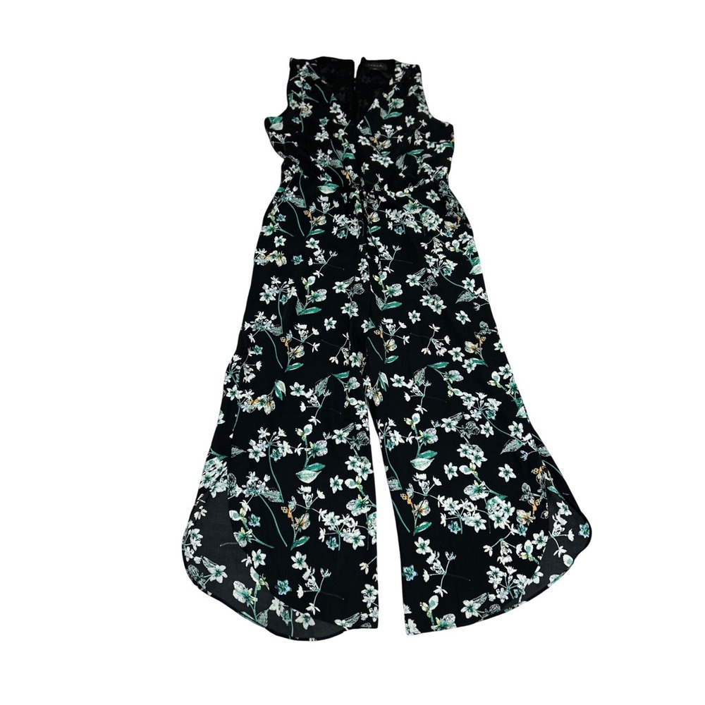 Tahari black floral sz 8 jumpsuit pockets drawstring‎ waist split hem pant flowy